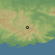 Shaded relief of the 59 km around G. L. García, drawn from the GMTED2010 grid