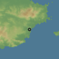 Shaded relief of the 59 km around Humacao, drawn from the GMTED2010 grid