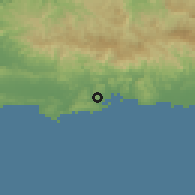 Shaded relief of the 59 km around Indios, drawn from the GMTED2010 grid