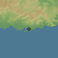 Shaded relief of the 59 km around Jobos, drawn from the GMTED2010 grid