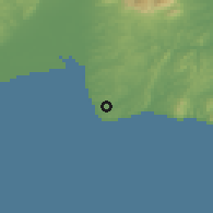 Shaded relief of the 51 km around Korsakov, drawn from the GMTED2010 grid