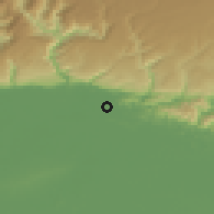 Shaded relief of the 57 km around Jaintiapur, drawn from the GMTED2010 grid