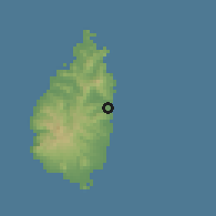 Shaded relief of the 59 km around Dennery, drawn from the GMTED2010 grid