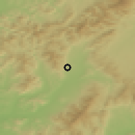 Shaded relief of the 50 km around Kanianka, drawn from the GMTED2010 grid