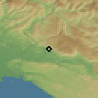 Shaded relief of the 51 km around Ozeljan, drawn from the GMTED2010 grid