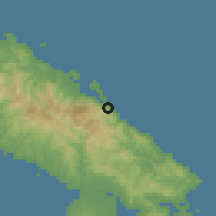 Shaded relief of the 60 km around Buala, drawn from the GMTED2010 grid