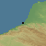 Shaded relief of the 60 km around Bandar Murcaayo, drawn from the GMTED2010 grid