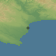 Shaded relief of the 55 km around Jeffreys Bay, drawn from the GMTED2010 grid