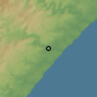 Shaded relief of the 56 km around KwaDukuza, drawn from the GMTED2010 grid