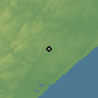 Shaded relief of the 57 km around Kwambonambi, drawn from the GMTED2010 grid