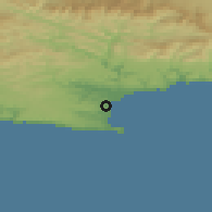 Shaded relief of the 55 km around Plettenberg Bay, drawn from the GMTED2010 grid