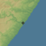 Shaded relief of the 56 km around Port Shepstone, drawn from the GMTED2010 grid