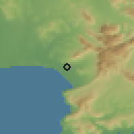 Shaded relief of the 55 km around Somerset West, drawn from the GMTED2010 grid