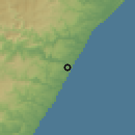 Shaded relief of the 56 km around Umkomaas, drawn from the GMTED2010 grid