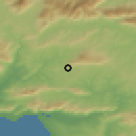 Shaded relief of the 55 km around Caledon, drawn from the GMTED2010 grid