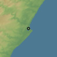 Shaded relief of the 56 km around Durban, drawn from the GMTED2010 grid