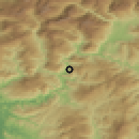 Shaded relief of the 53 km around Krumë, drawn from the GMTED2010 grid