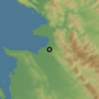 Shaded relief of the 53 km around Mamurras, drawn from the GMTED2010 grid