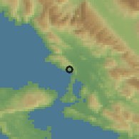 Shaded relief of the 53 km around Sarandë, drawn from the GMTED2010 grid