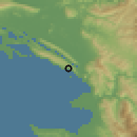 Shaded relief of the 53 km around Shëngjin, drawn from the GMTED2010 grid