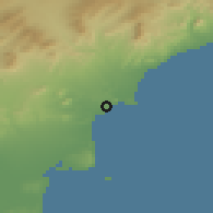 Shaded relief of the 54 km around Alacant, drawn from the GMTED2010 grid