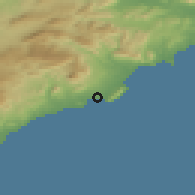 Shaded relief of the 54 km around Benidorm, drawn from the GMTED2010 grid