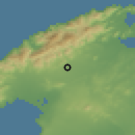 Shaded relief of the 53 km around Binisalem, drawn from the GMTED2010 grid