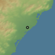 Shaded relief of the 53 km around Burriana, drawn from the GMTED2010 grid
