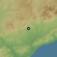 Shaded relief of the 53 km around Caldes de Montbui, drawn from the GMTED2010 grid