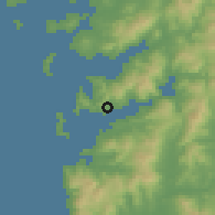 Shaded relief of the 53 km around Cangas, drawn from the GMTED2010 grid