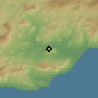 Shaded relief of the 54 km around Cártama, drawn from the GMTED2010 grid