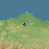 Shaded relief of the 52 km around Corvera de Asturias, drawn from the GMTED2010 grid