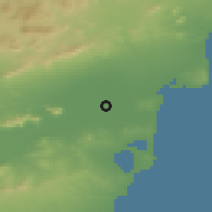 Shaded relief of the 54 km around Dolores, drawn from the GMTED2010 grid