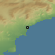 Shaded relief of the 54 km around El Campello, drawn from the GMTED2010 grid