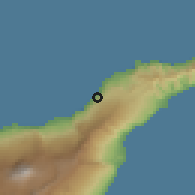 Shaded relief of the 57 km around El Sauzal, drawn from the GMTED2010 grid