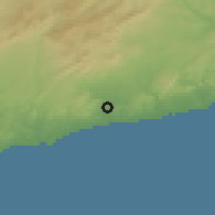 Shaded relief of the 53 km around El Vendrell, drawn from the GMTED2010 grid