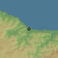 Shaded relief of the 52 km around Foz, drawn from the GMTED2010 grid