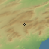 Shaded relief of the 54 km around Ibi, drawn from the GMTED2010 grid