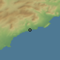Shaded relief of the 54 km around La Vila Joiosa, drawn from the GMTED2010 grid
