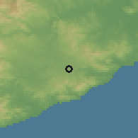 Shaded relief of the 53 km around Llagostera, drawn from the GMTED2010 grid