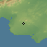 Shaded relief of the 53 km around Llucmajor, drawn from the GMTED2010 grid