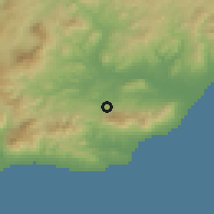 Shaded relief of the 54 km around Alhaurín el Grande, drawn from the GMTED2010 grid