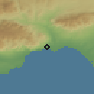 Shaded relief of the 54 km around Almería, drawn from the GMTED2010 grid