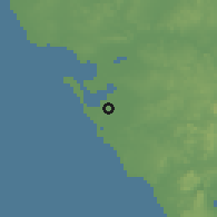 Shaded relief of the 54 km around San Fernando, drawn from the GMTED2010 grid