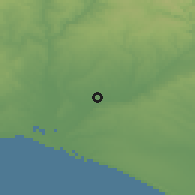 Shaded relief of the 54 km around San Juan del Puerto, drawn from the GMTED2010 grid
