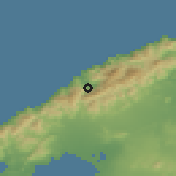 Shaded relief of the 53 km around Sóller, drawn from the GMTED2010 grid
