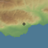 Shaded relief of the 54 km around Vícar, drawn from the GMTED2010 grid