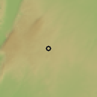 Shaded relief of the 55 km around Ma'arrat-an-Nu'mān, drawn from the GMTED2010 grid