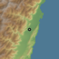 Shaded relief of the 58 km around Shòufēng, drawn from the GMTED2010 grid