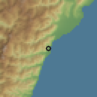 Shaded relief of the 58 km around Tàimálĭ, drawn from the GMTED2010 grid